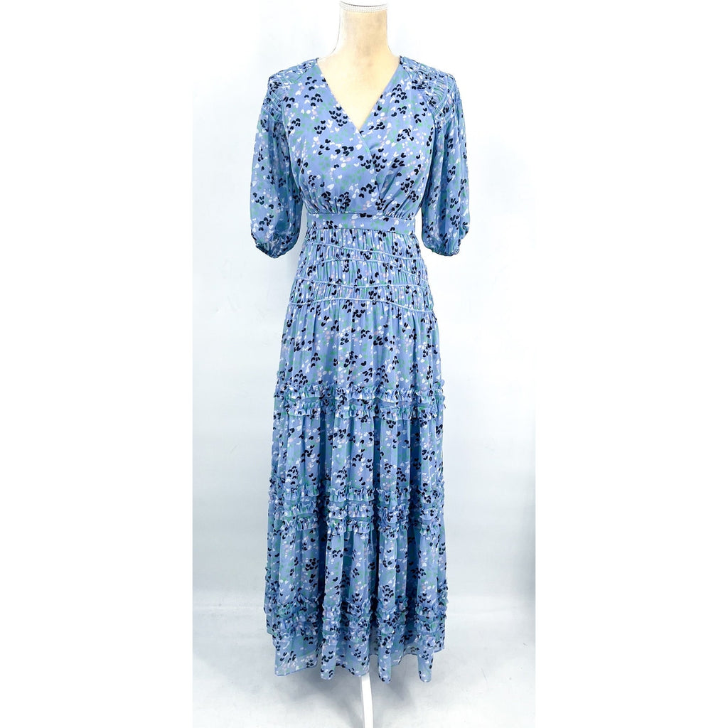 TED BAKER Womens Blakeli Floral Dress TED 0 US 2 Blue Smocked Puff Sleeve NWOT