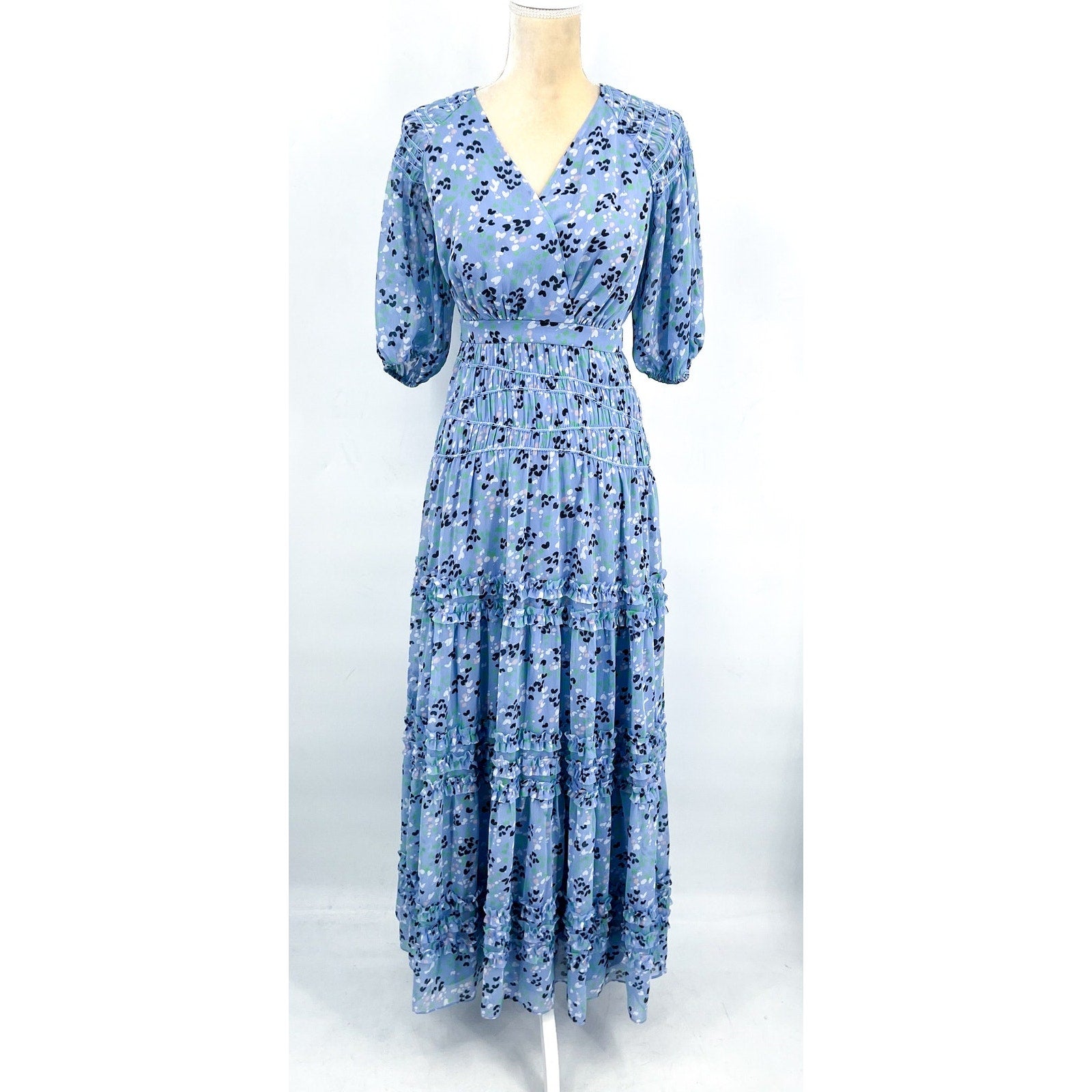 TED BAKER Womens Blakeli Floral Dress TED 0 US 2 Blue Smocked Puff Sleeve NWOT