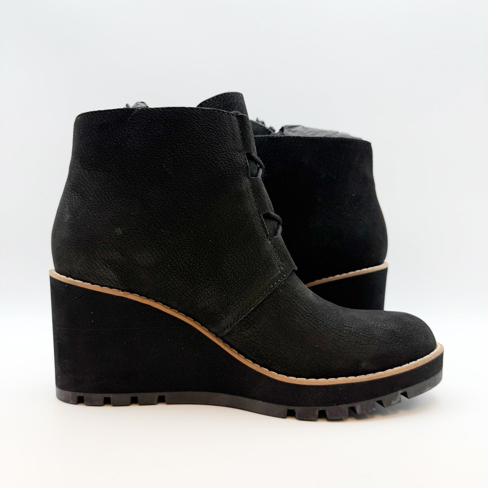 Eileen Fisher Women’s Alpine Ankle Boots Size 9 Black Leather Lace Up Wedge NIB