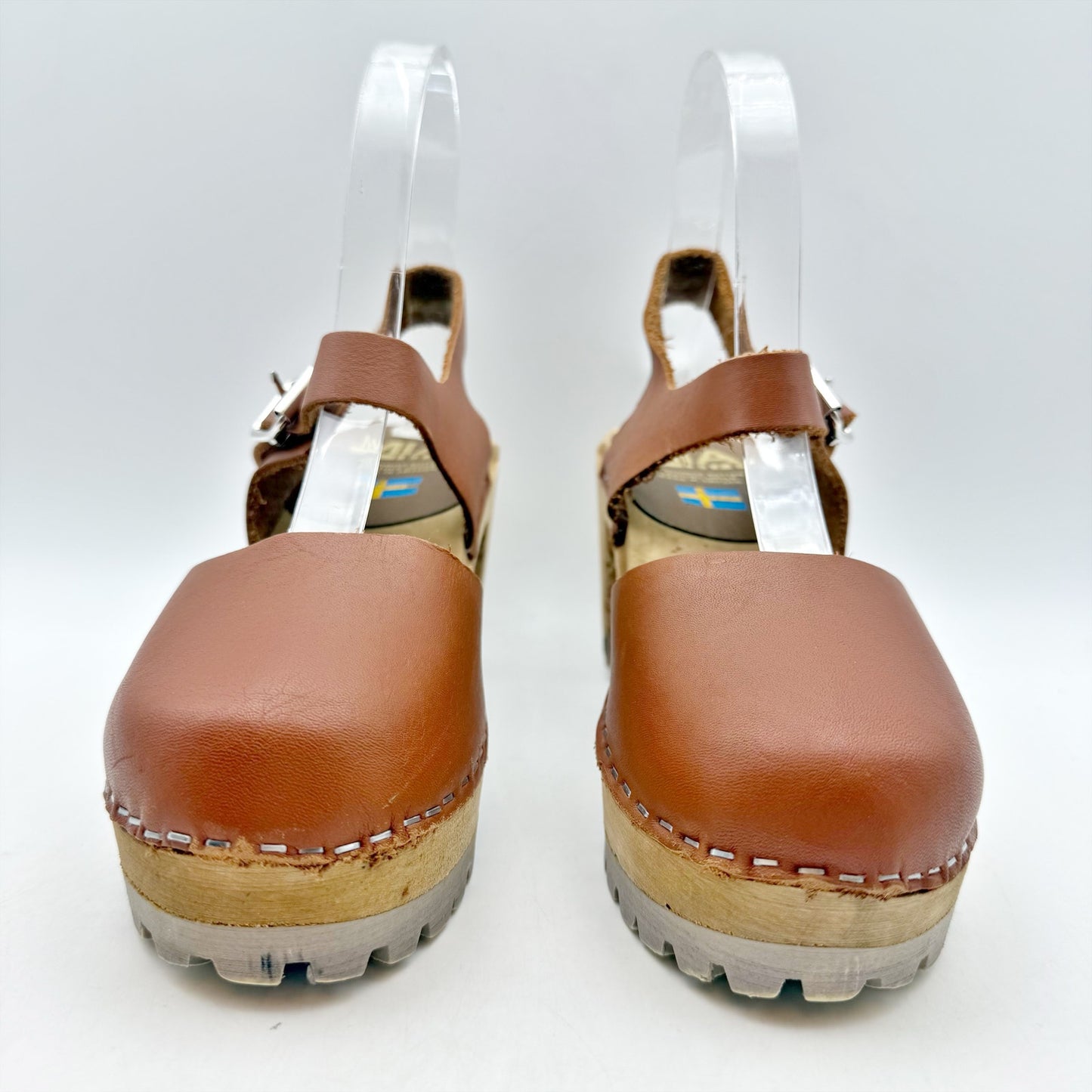 MIA Womens Abba Clogs EU 36 US 6 Luggage Brown Leather Wooden Heel NWOB