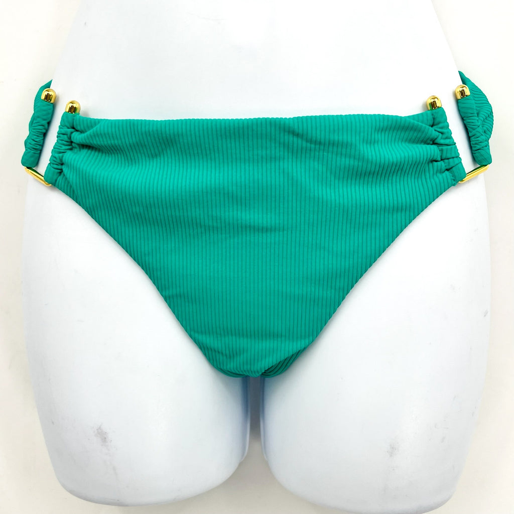 BECCA Women's Modern Edge Buckle Hipster Bikini Bottoms Small Green Peacock NWOT