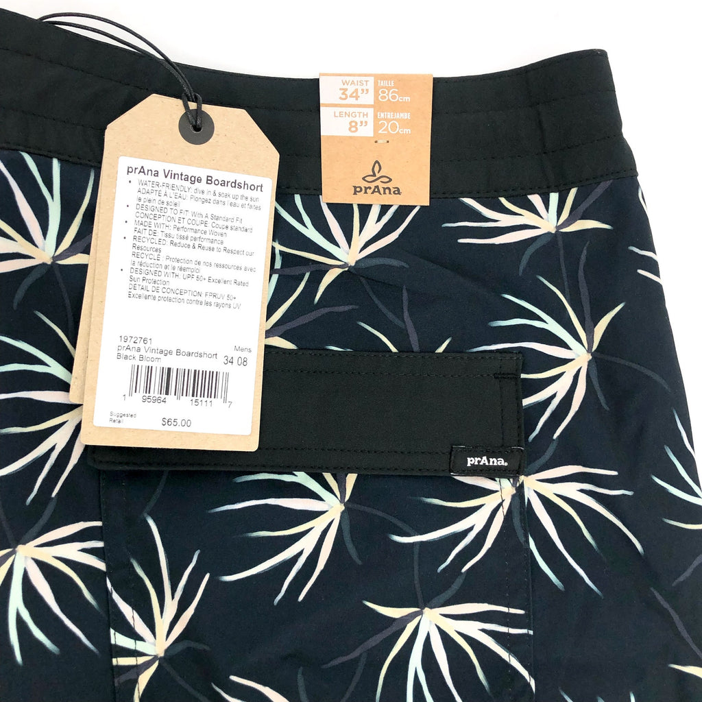 PRANA Men's Vintage Boardshorts Large 34 Black Bloom 8" Inseam Drawstring NWT