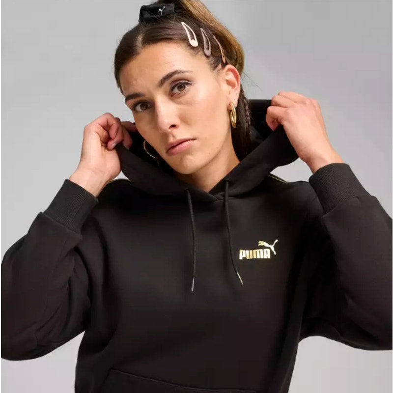 PUMA Women's Essentials Tape Minimal Gold Hoodie Large Black Sweatshirt NWT