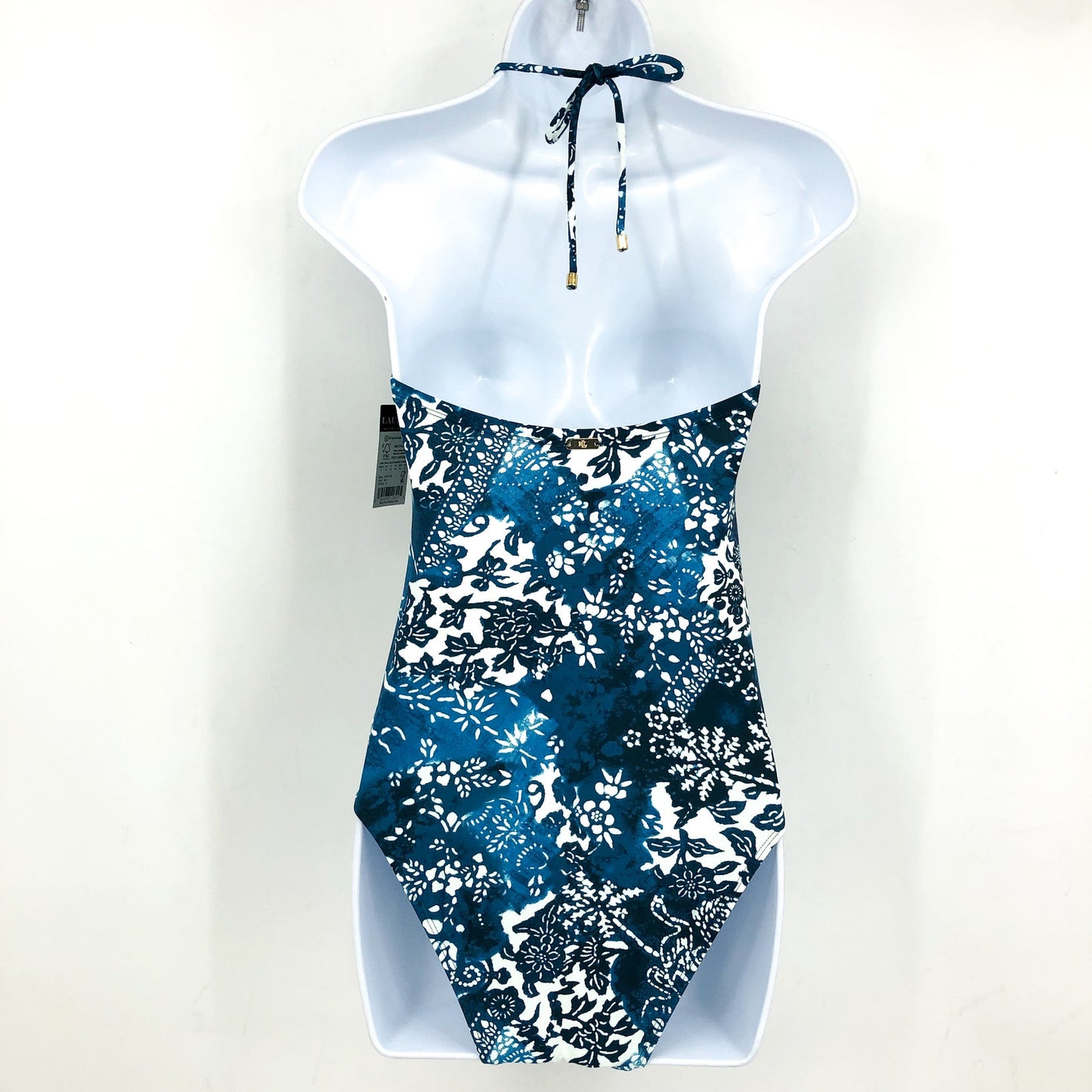 LAUREN RALPH LAUREN Halter Bandeau One Piece Swimsuit Sz 8 Blue Patchwork NWT
