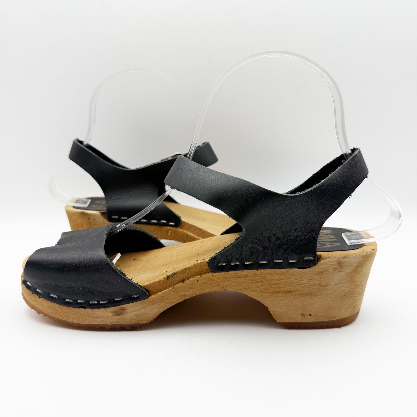 MIA Womens ANJA Clogs EU 37 US 6.5 Black Leather Wooden Heel Peep Toe NIB