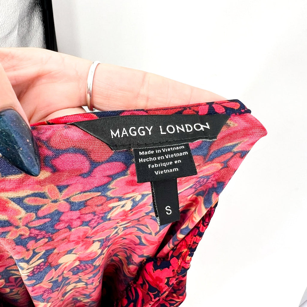 MAGGY LONDON Womens Floral V-Neck Dress Small Navy Blue Red Smocked NWT
