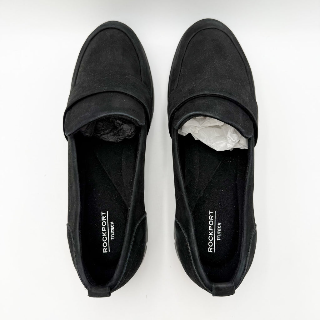 Rockport Womens Ramone Loafers Size 10.5 Wide Black Suede Leather NWOB