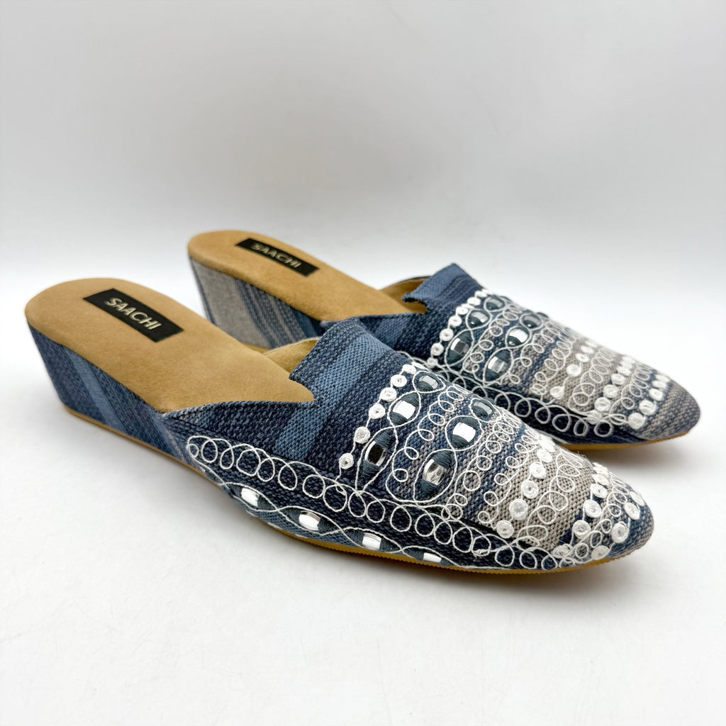 Saachi Womens Denim Wedge Mules US 11 Blue Silk Embroidered NWOB