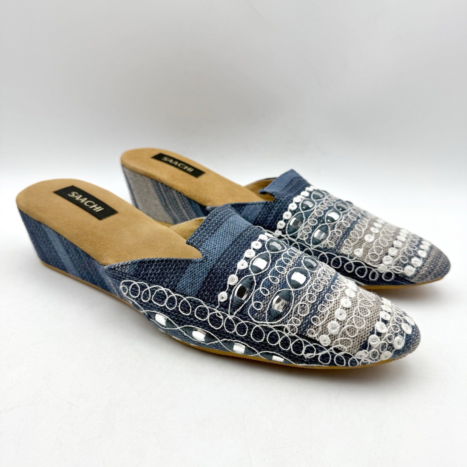 Saachi Womens Denim Wedge Mules US 11 Blue Silk Embroidered NWOB