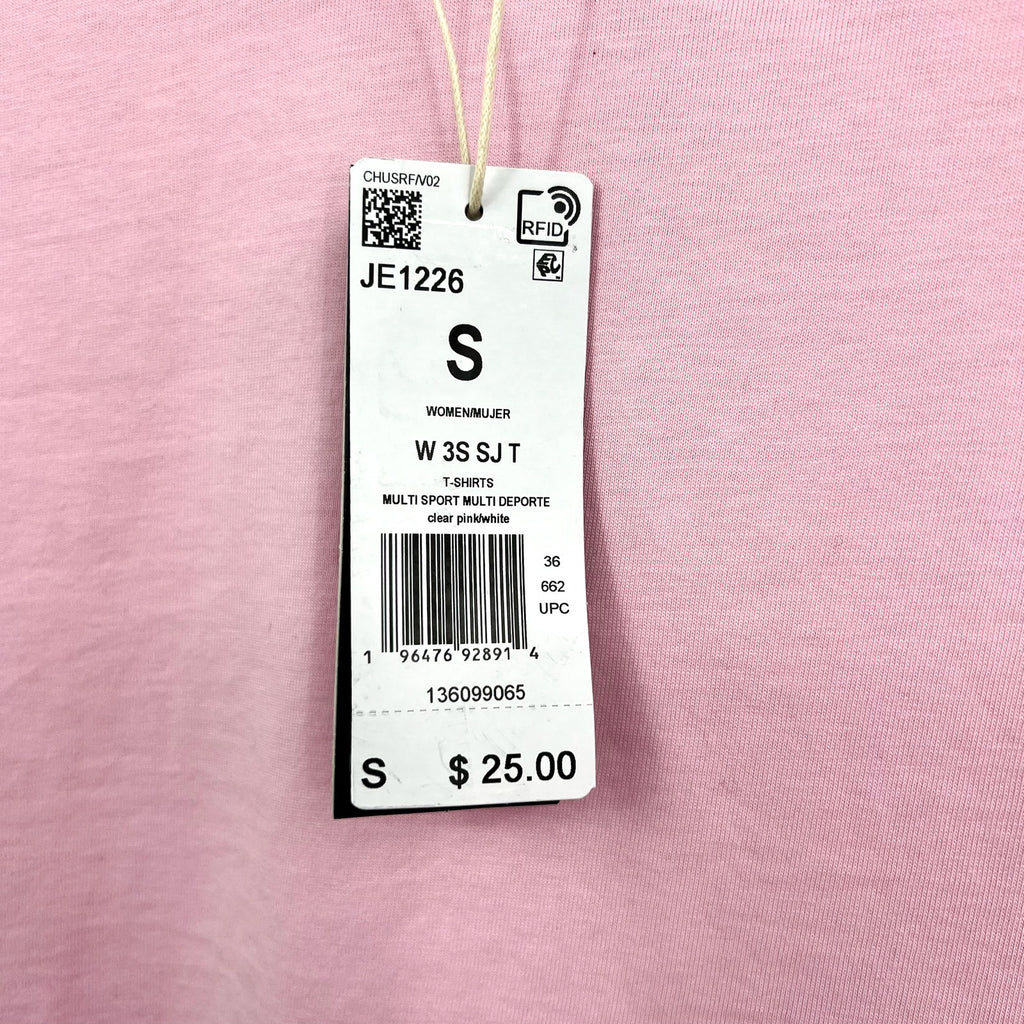 ADIDAS Women's Essentials 3-Stripes Cotton Tee Small Pink White Short Sleeve NWT