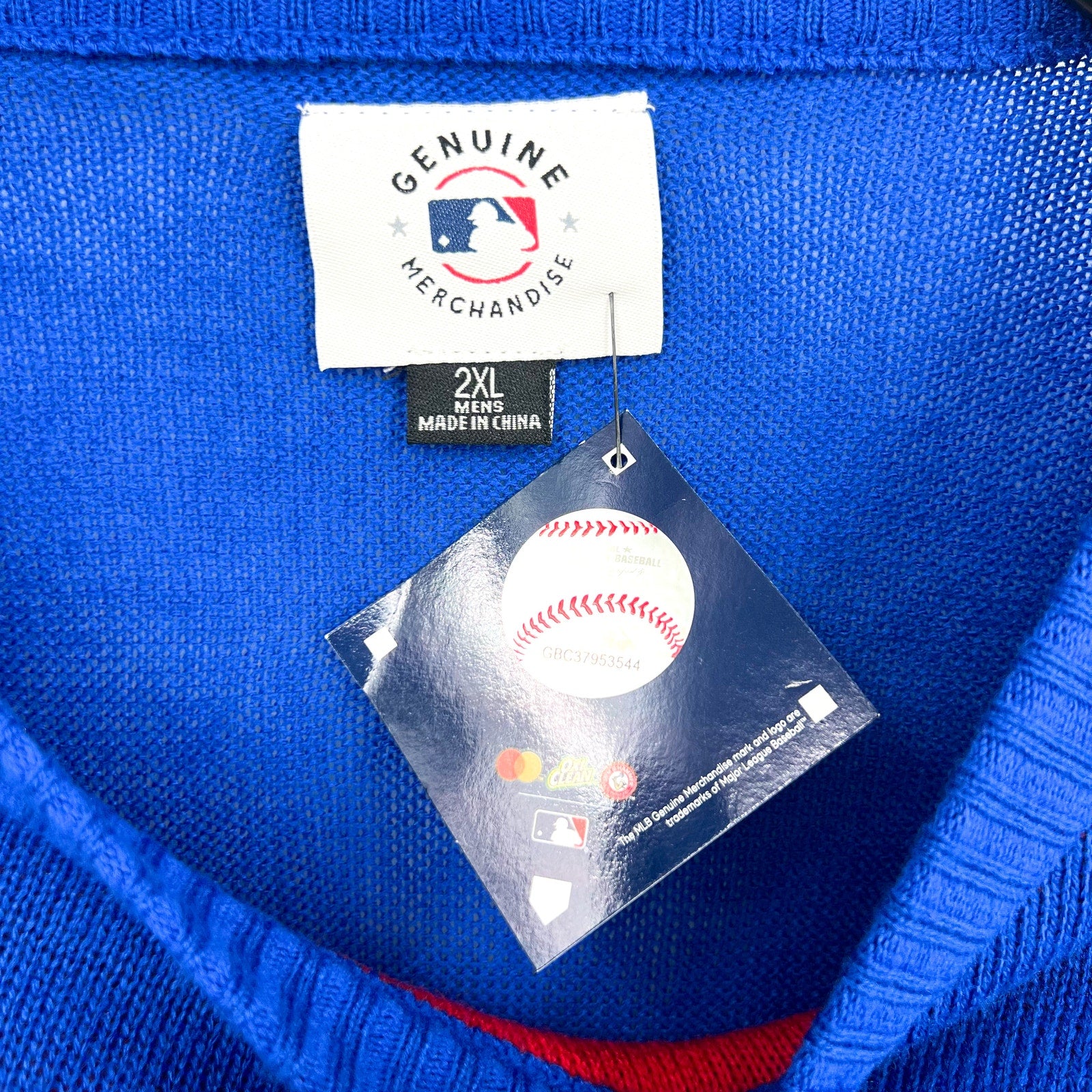 MLB GENUINE MERCHANDISE Mens Texas Rangers Crew Sweater 2XL Dark Blue Red NWT