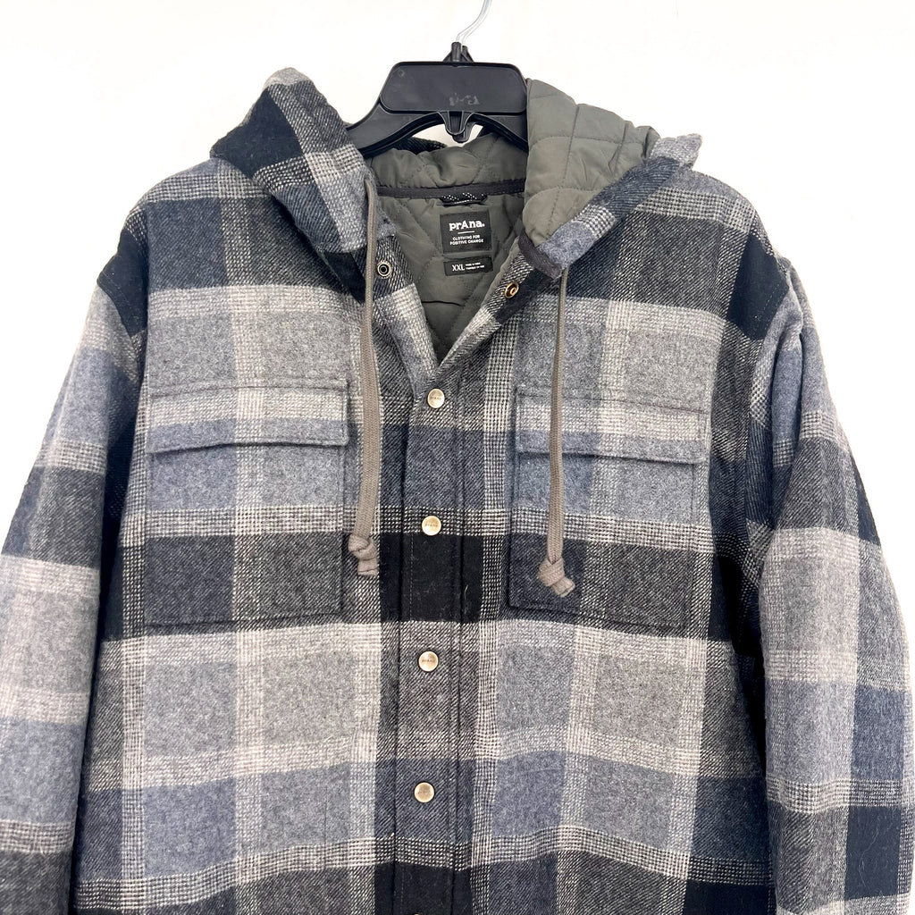 PRANA Men's Asgard Hooded Flannel Shirt Jacket XXL Gray Charcoal Plaid NWT