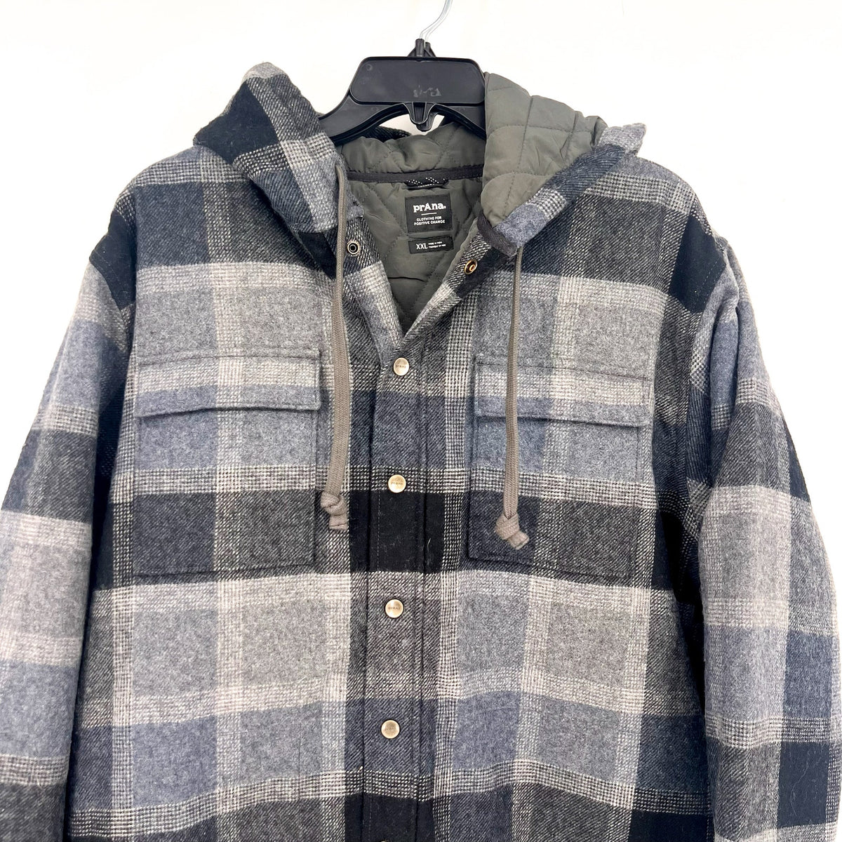 PRANA Men's Asgard Hooded Flannel Shirt Jacket XXL Gray Charcoal Plaid NWT