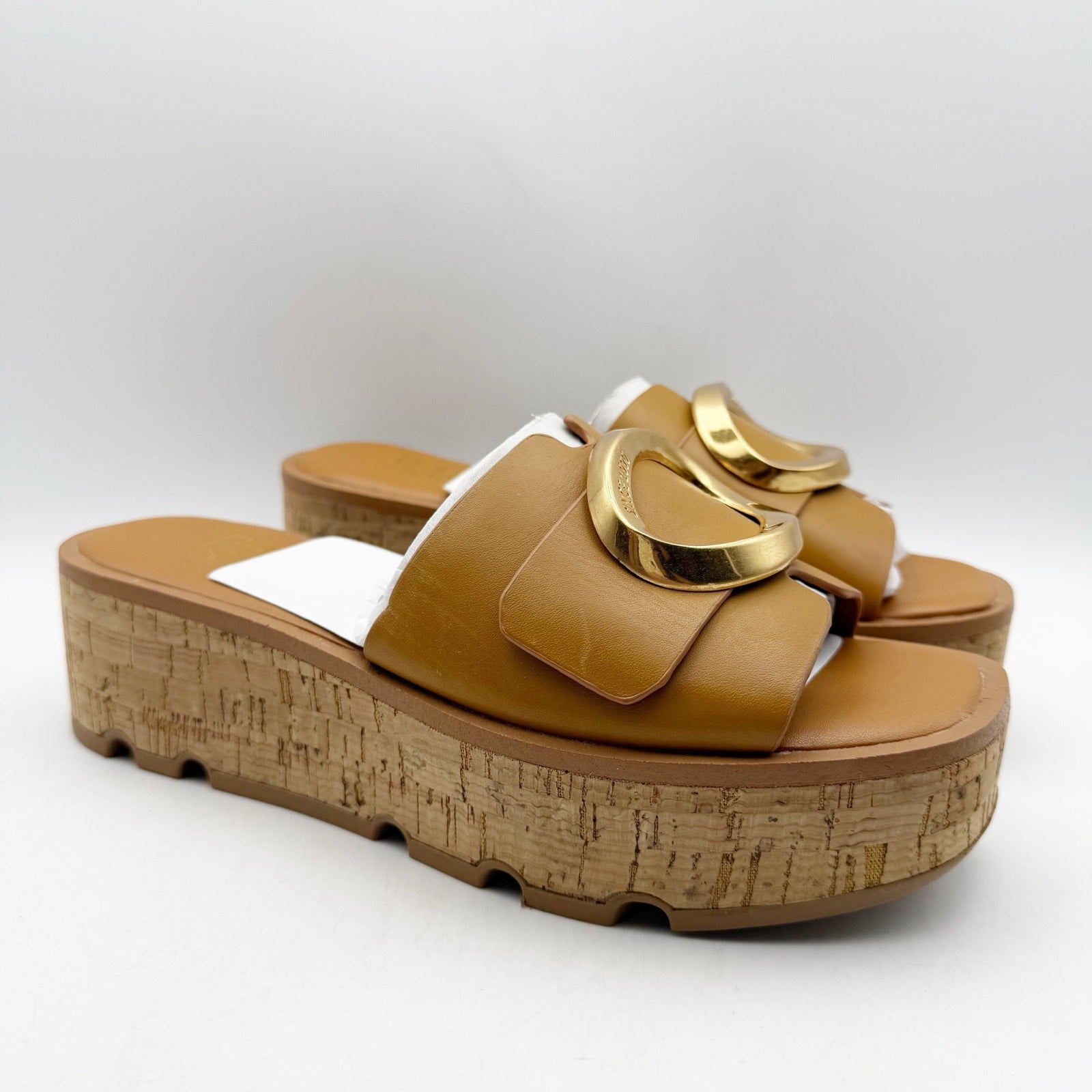 Franco Sarto Womens Hoda Cork Platform Slide Sandals US 6.5 M Tan Leather NWOB