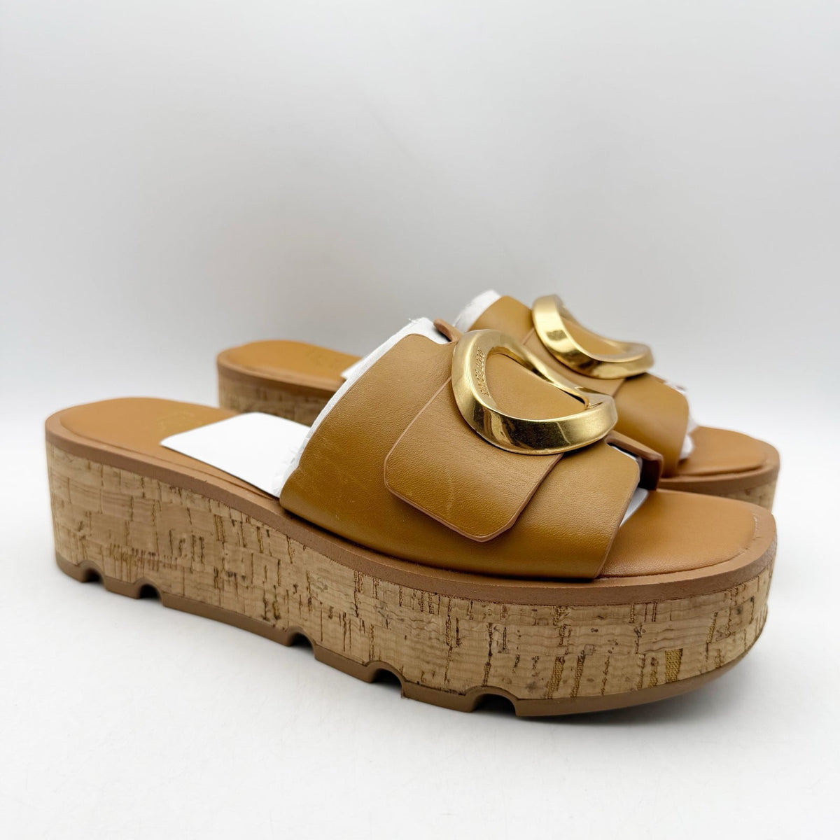 Franco Sarto Womens Hoda Cork Platform Slide Sandals US 6.5 M Tan Leather NWOB