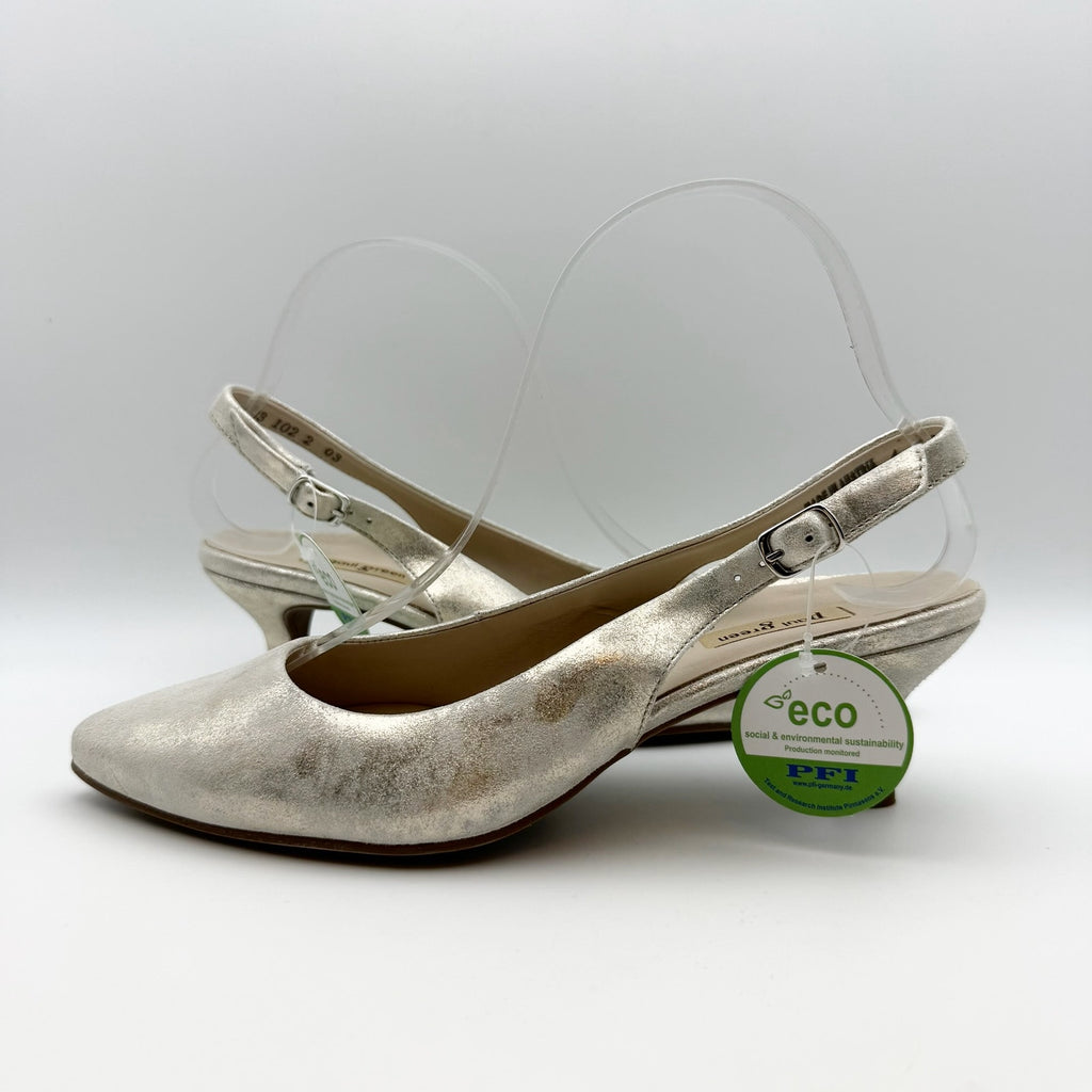 Paul Green Womens Rio Heels US 6.5 M Silver Metallic Leather Ankle Strap NIB