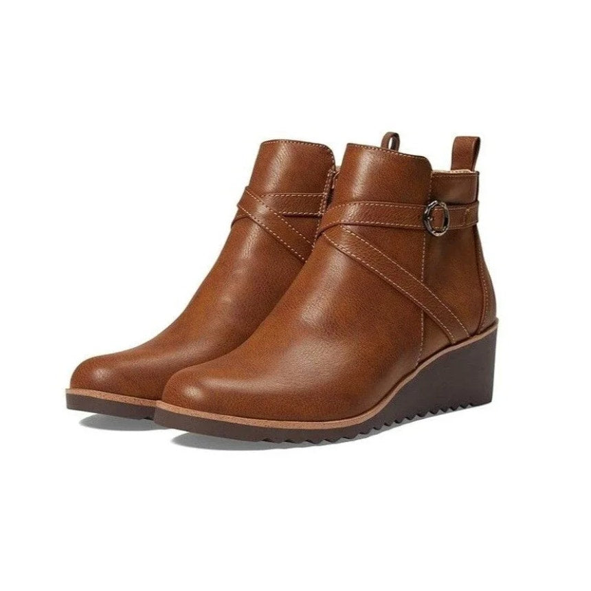 LIFESTRIDE Zinfandel Wedge Ankle Booties Size 11 Whiskey Brown Faux Leather NWOB