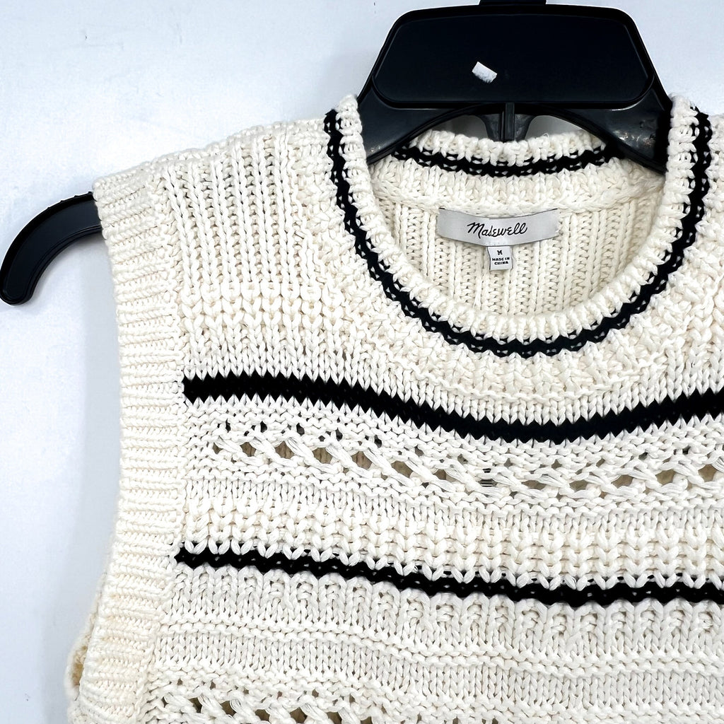 MADEWELL Womens Striped Sweater Vest Medium Cream Black Stripe 100% Cotton NWT