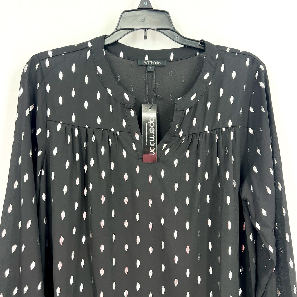 STITCH FIX - PAPERMOON Womens V Neck Blouse Small Black Silver Print NWT