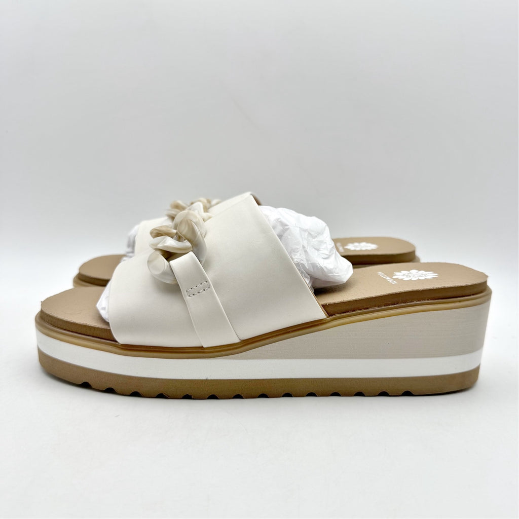 Yellow Box Womens Alora Wedge Slide Sandals US 7 M White Tan Vegan Leather NWOB
