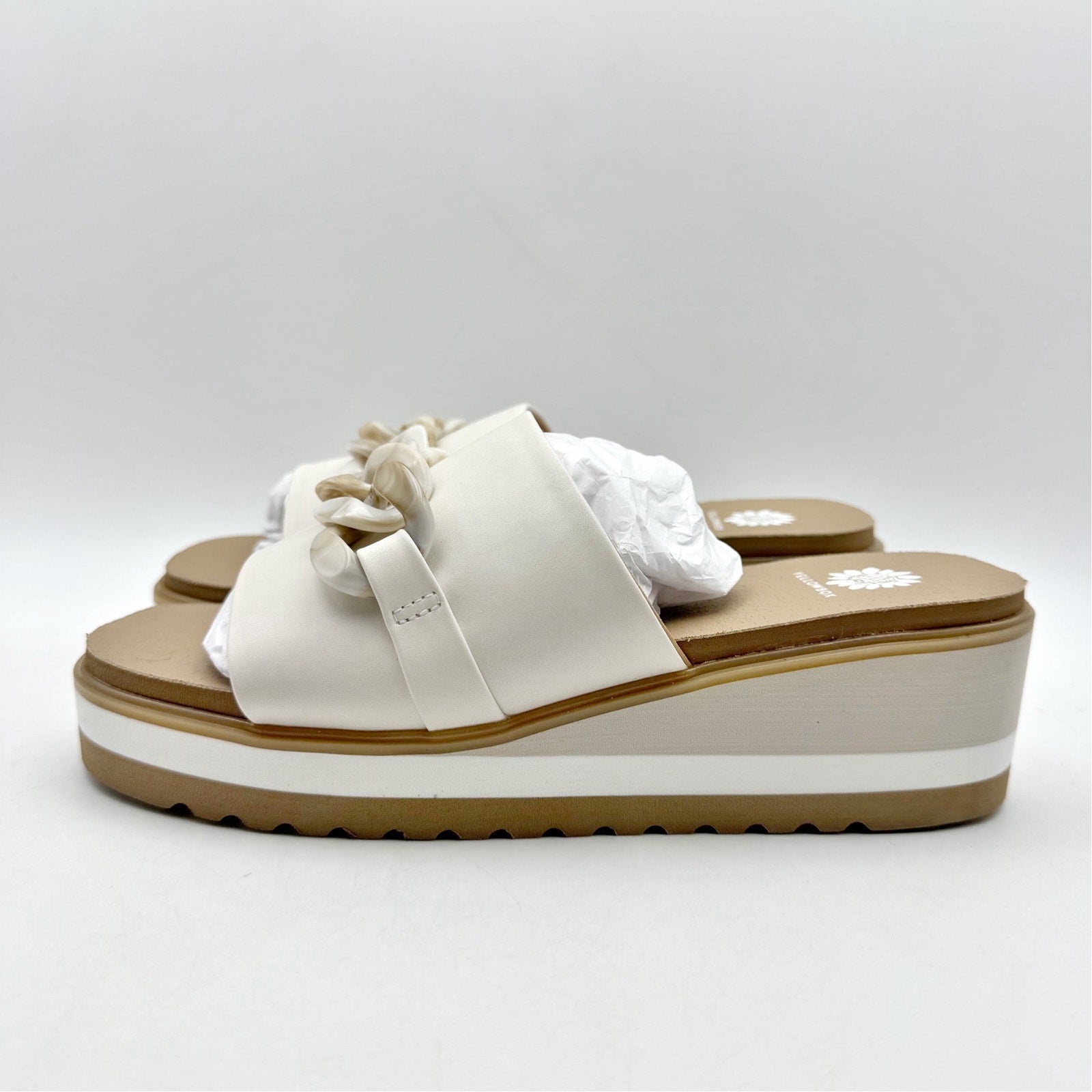 Yellow Box Womens Alora Wedge Slide Sandals US 7 M White Tan Vegan Leather NWOB