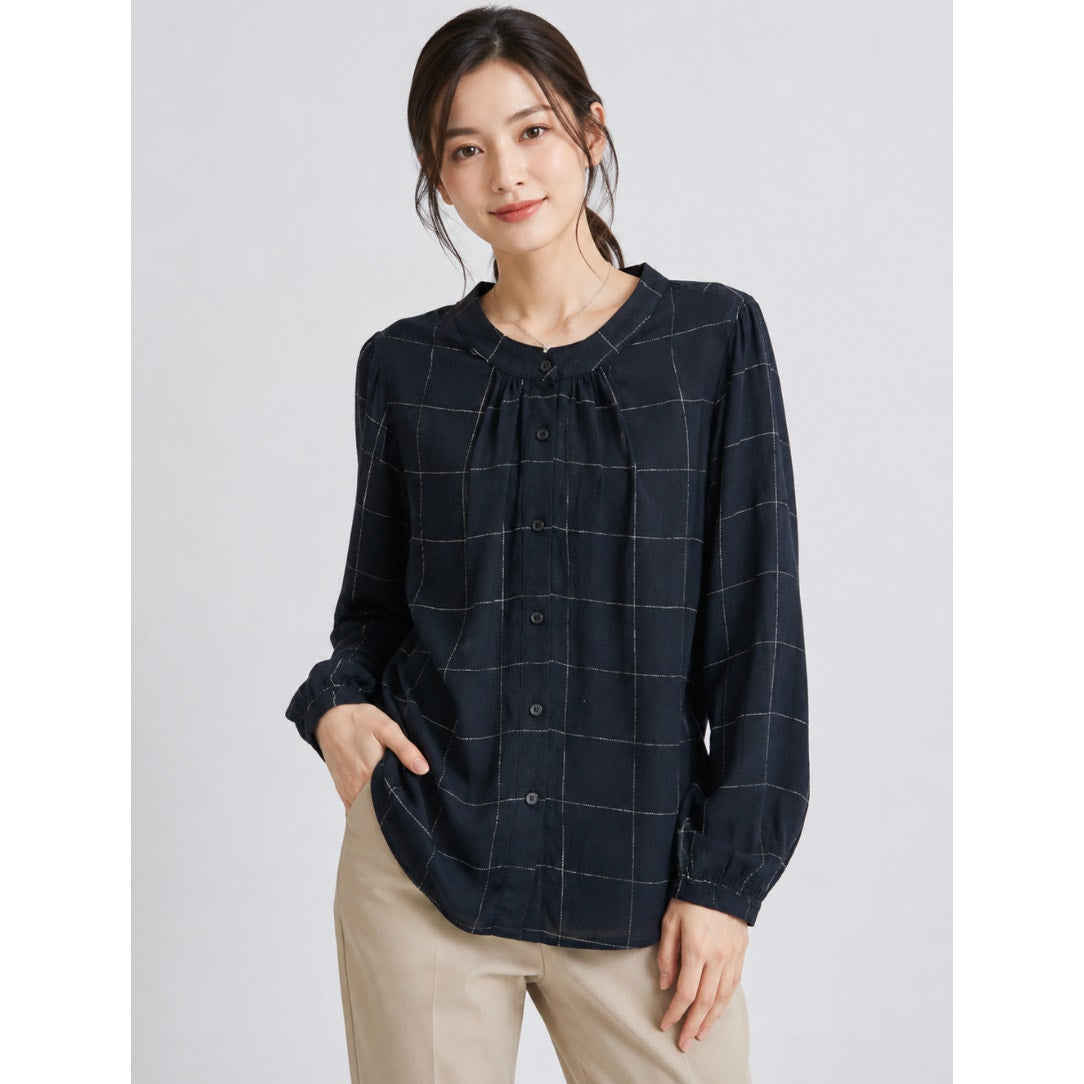 STITCH FIX- COSMIC BLUE LOVE- Womens Blouse Small Black Silver Windowpane LS NWT