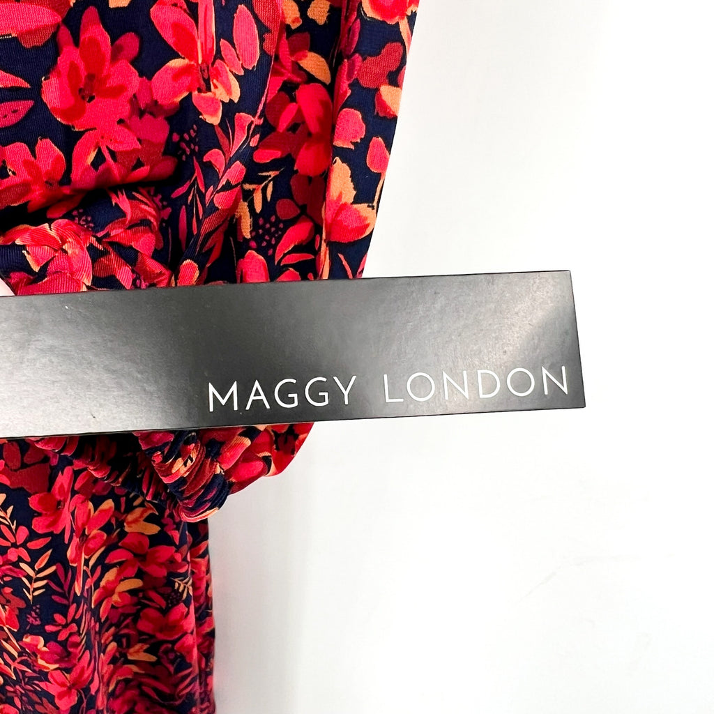 MAGGY LONDON Womens Floral V-Neck Dress Small Navy Blue Red Smocked NWT