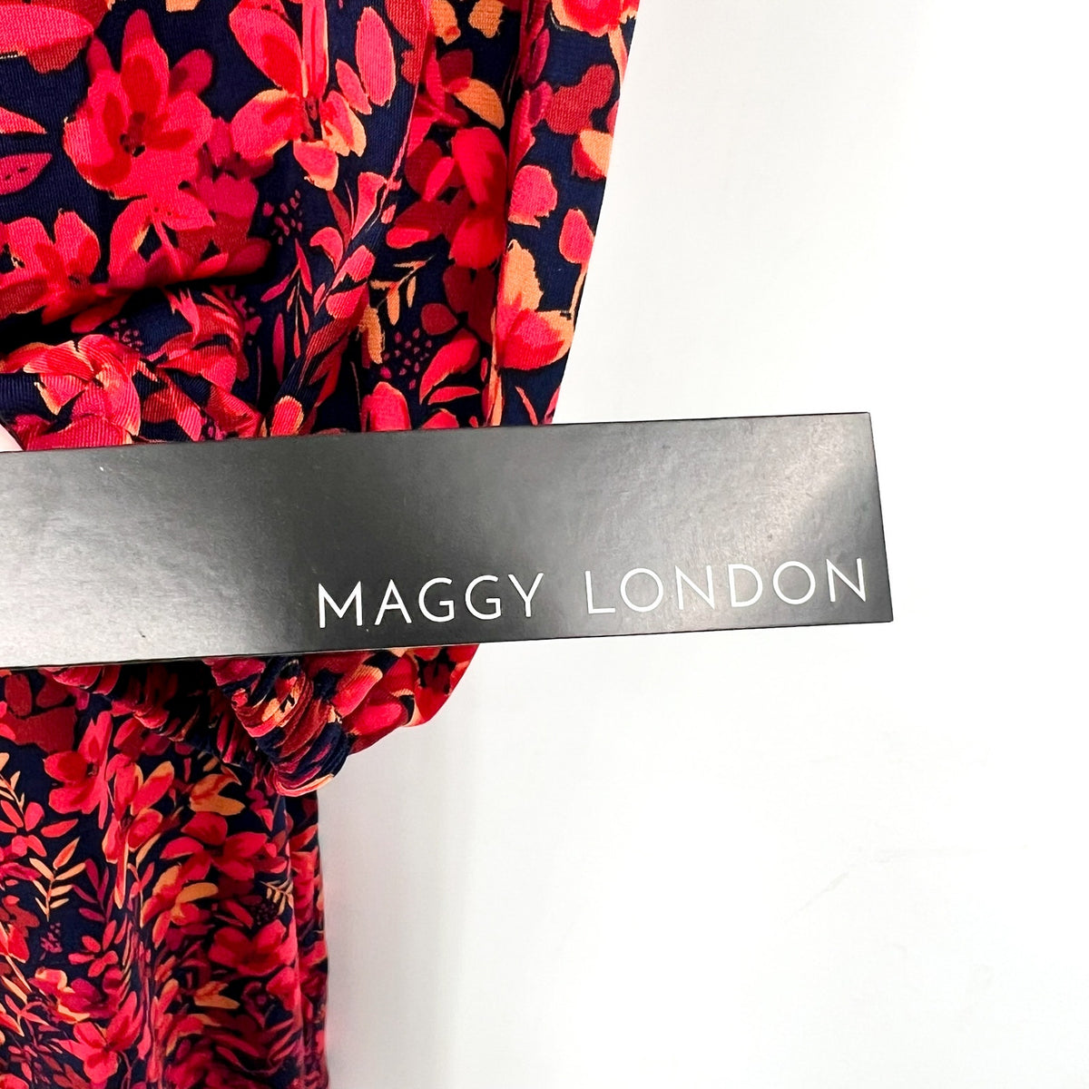 MAGGY LONDON Womens Floral V-Neck Dress Small Navy Blue Red Smocked NWT