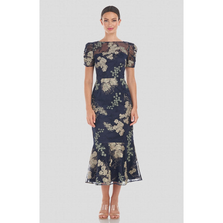 JS COLLECTION Women's Hope Flounce Tea Length Dress Size 2 Navy Jade Floral NWT