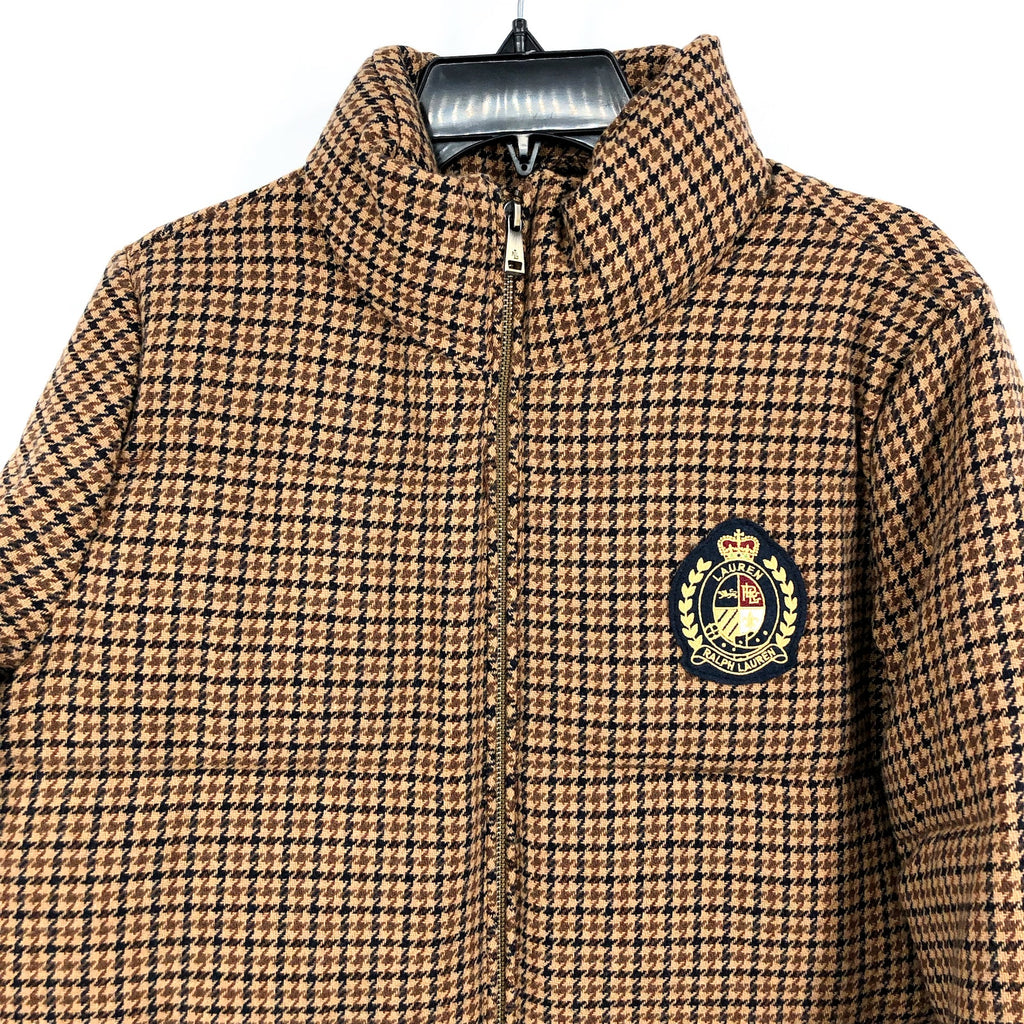 LAUREN RALPH LAUREN Womens Houndstooth Crest-Patch Puffer Coat Large Tan NWOT