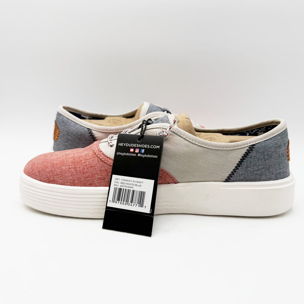 HEY DUDE Mens Conway Craft Linen Shoes Size 8 Womens 10 Red White Blue NWT