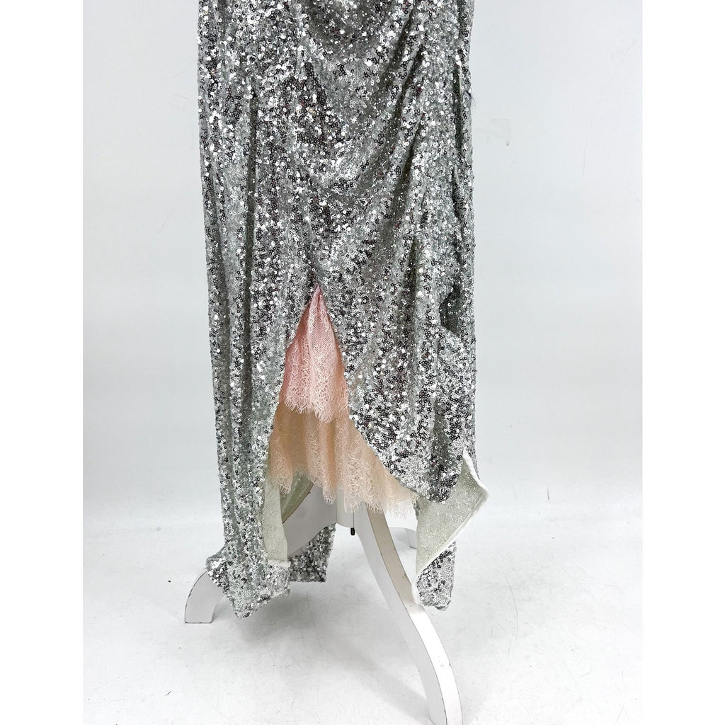 PREEN BY THORNTON BREGAZZI Welda Sequin Dress Medium Silver Long Sleeve NWOT