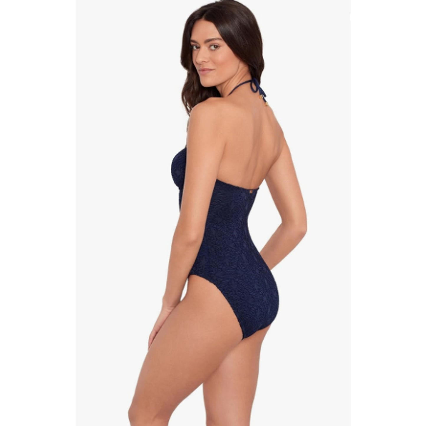 LAUREN RALPH LAUREN One Piece Swimsuit Size 10 Navy Blue Crochet Bandeau NWT