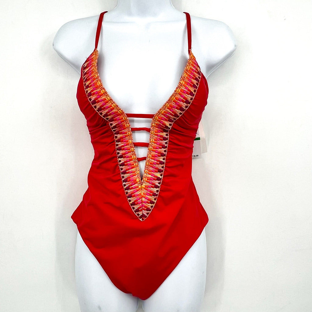 BECCA Fiesta Clare Plunge One Piece Swimsuit Large Fire Red Embroidered NWT