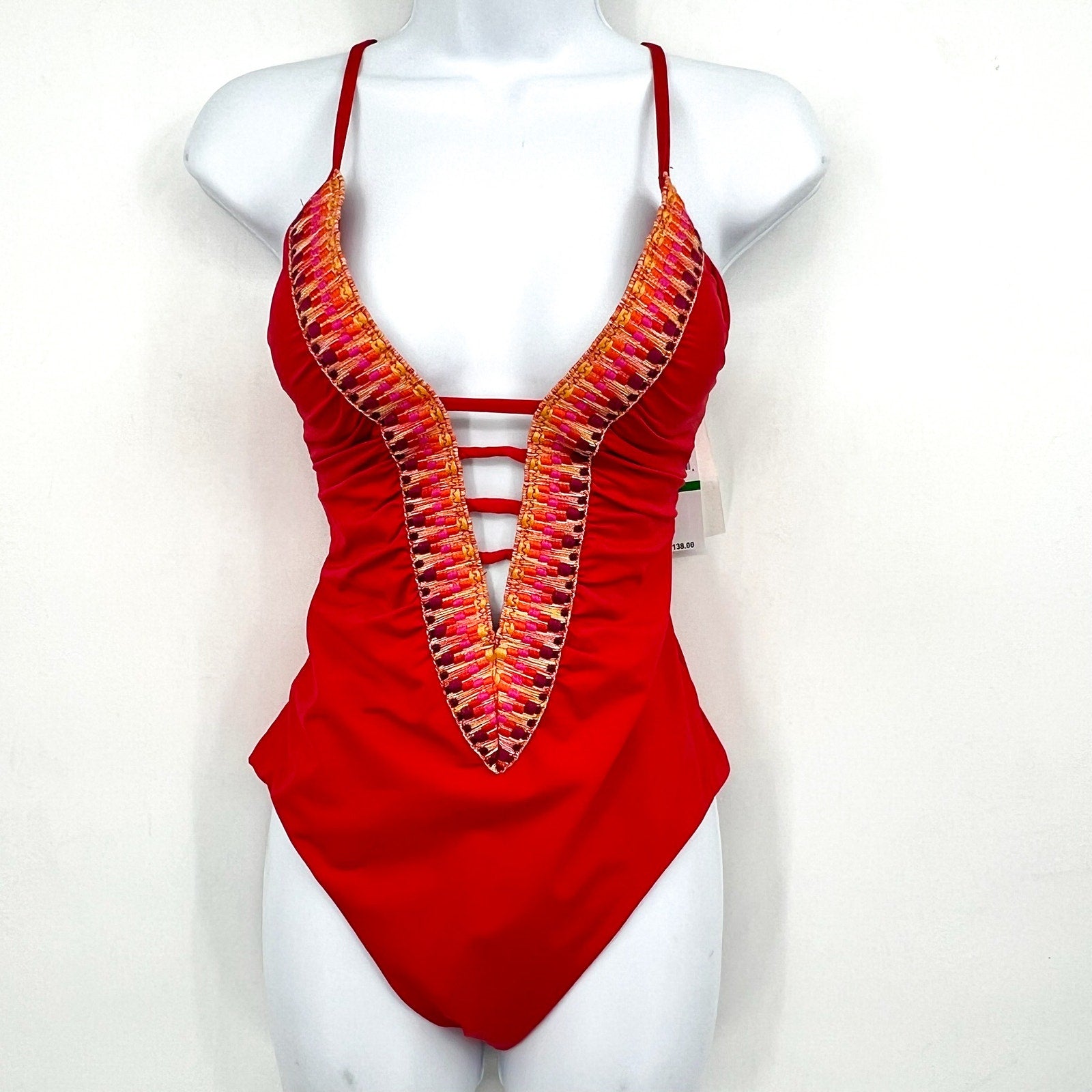 BECCA Fiesta Clare Plunge One Piece Swimsuit Large Fire Red Embroidered NWT