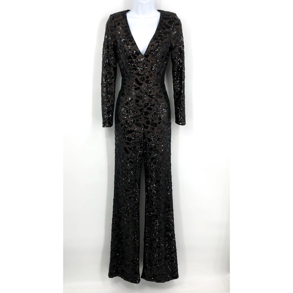 DRESS THE POPULATION Carson Sequin Leopard Jumpsuit XS Black Long Sleeve NWOT