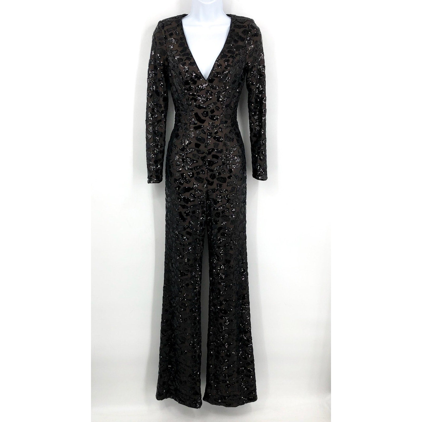 DRESS THE POPULATION Carson Sequin Leopard Jumpsuit XS Black Long Sleeve NWOT