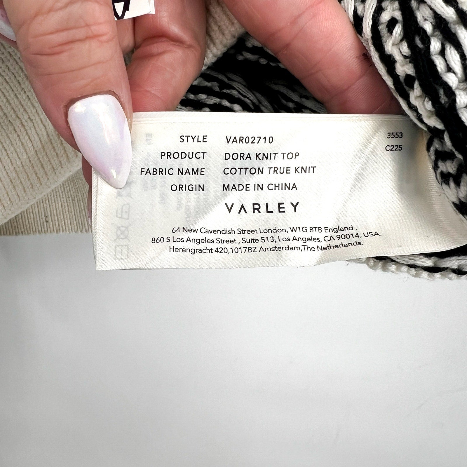 VARLEY Women's Dora Knit Cotton Top Small Black White Drop Shoulder Textured NWT
