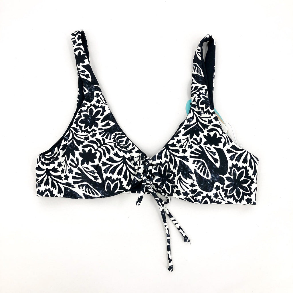 PRANA Women's Ruby Beach Bikini Top Small Black Flora Fauna Lace Up Swim NWT
