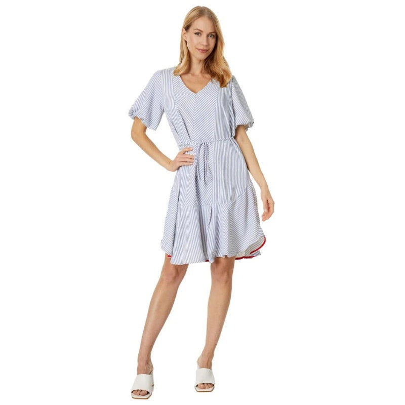 VINCE CAMUTO Women's V-Neck Dress Medium New Ivory Blue Oasis Stripe Belted NWT
