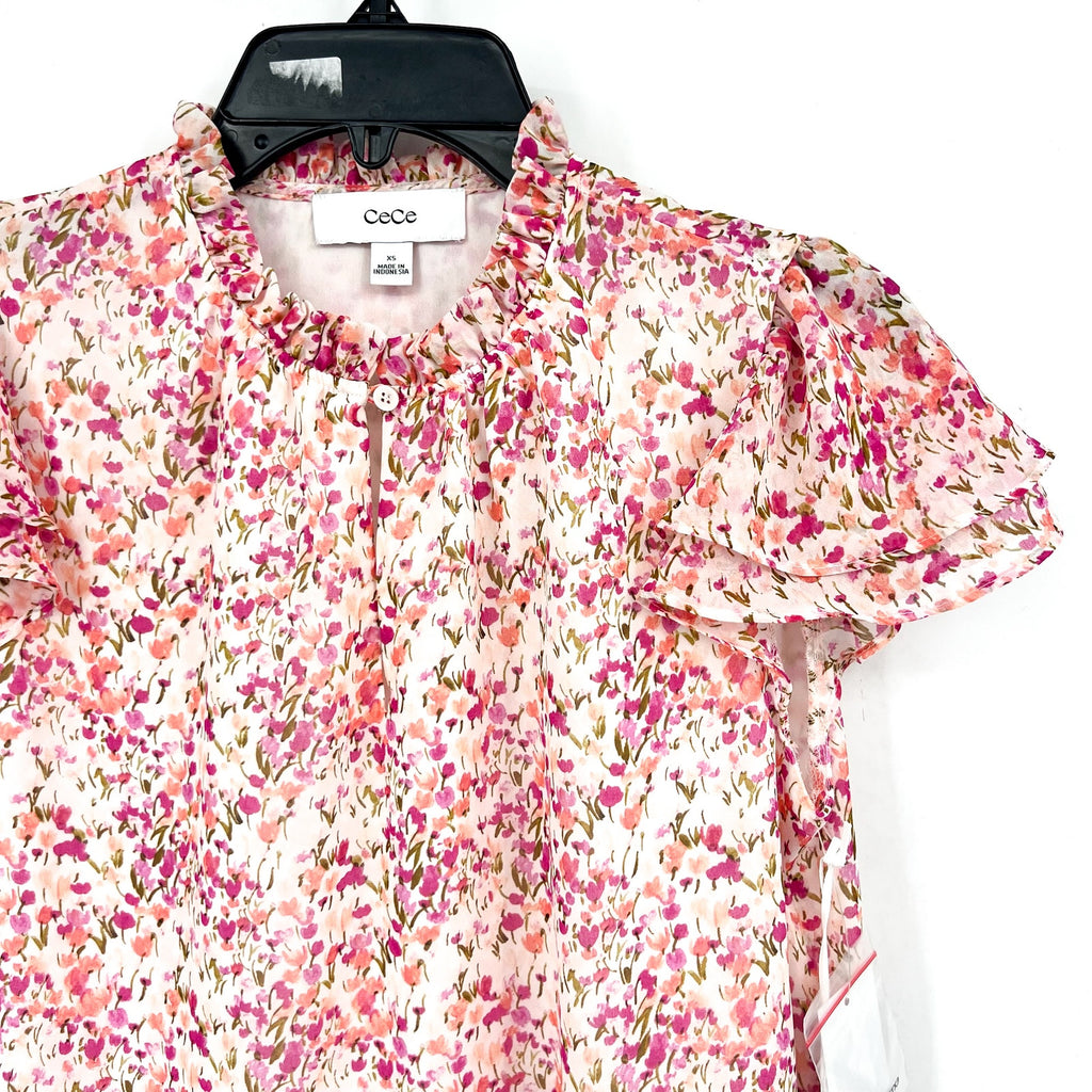 CECE Women's Ruffled Blouse XS Pink Floral Keyhole-Neck Flutter-Sleeve NWT