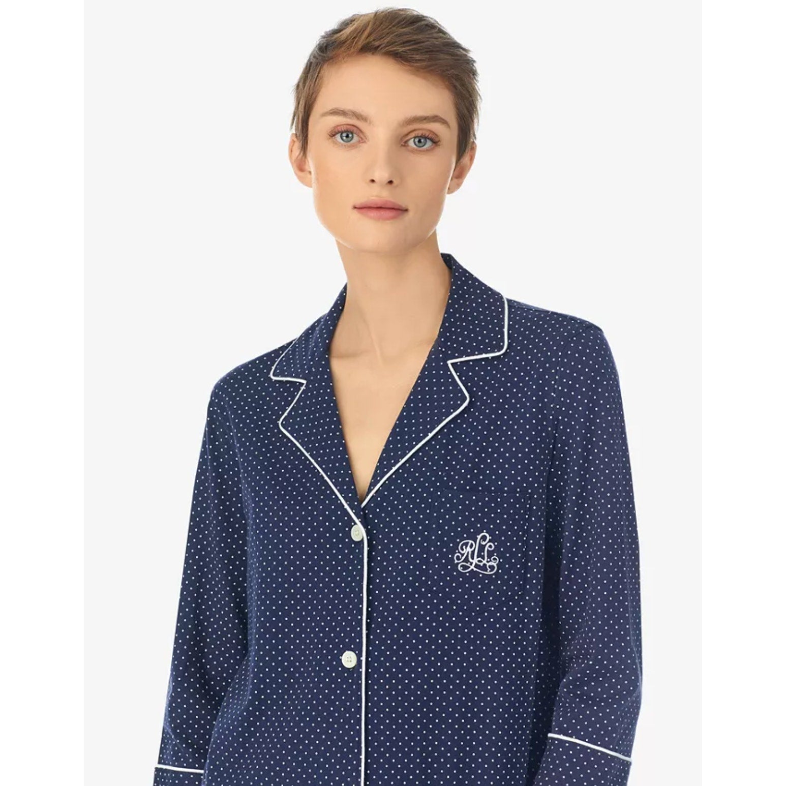 LAUREN RALPH LAUREN Womens Cotton Sleep Shirt Medium Navy Blue White Dot NWT