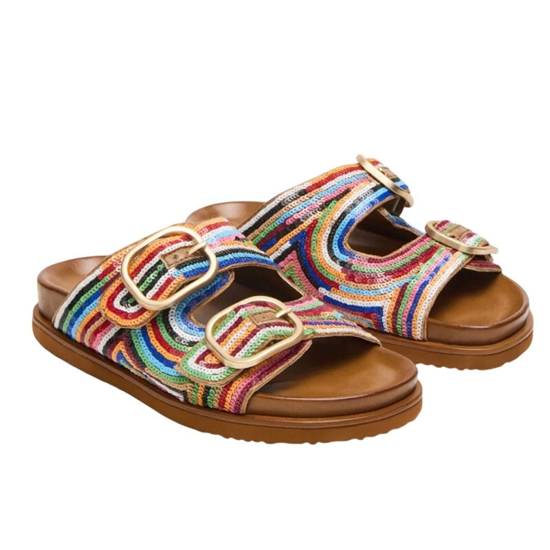 Steve Madden Womens Tourist Footbed Sandals Size 7.5 Multicolor Sequins NIB