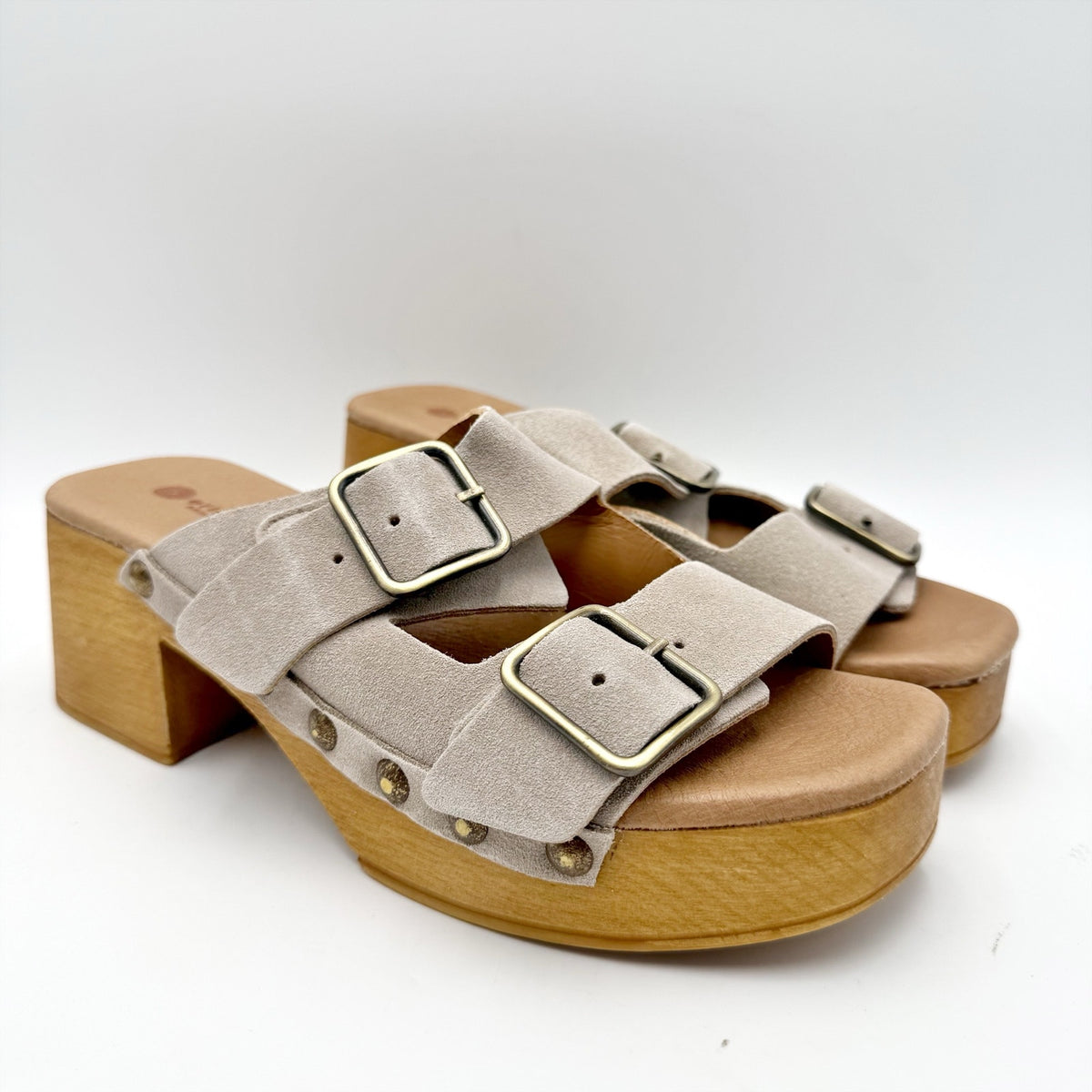 Eric Michael Womens Austin Clogs Sandals EU 38 US 7-7.5 Beige Grey Suede NWOB