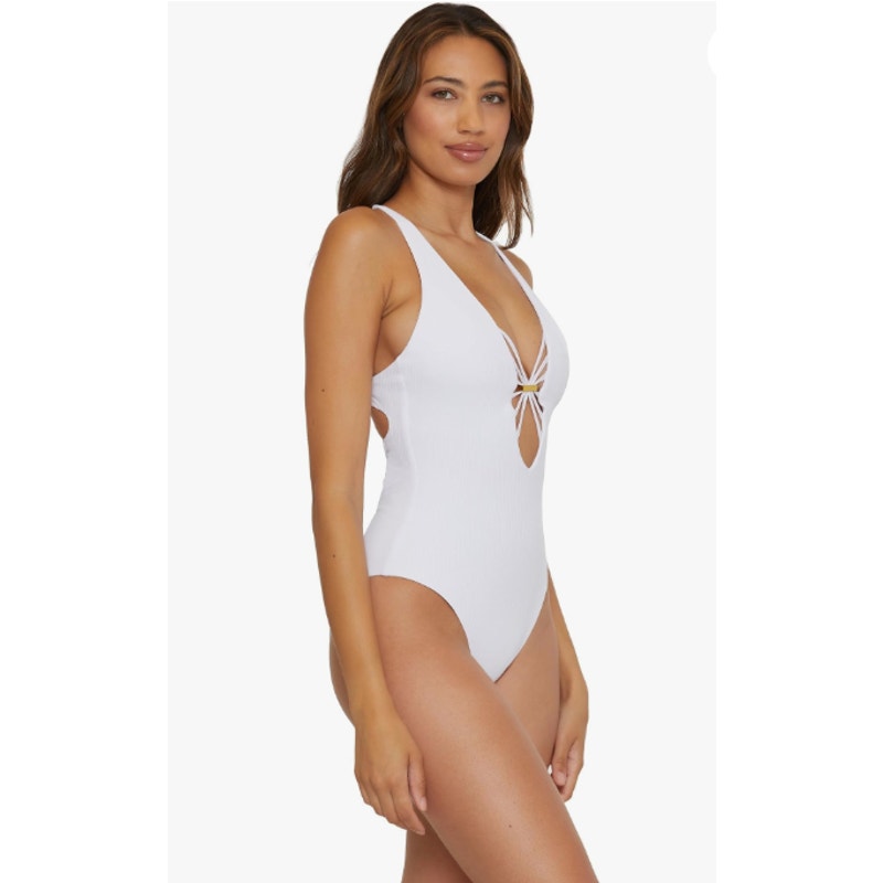 BECCA Women's Haley One Piece Swimsuit Medium White Plunge Neck  Modern Edge NWT