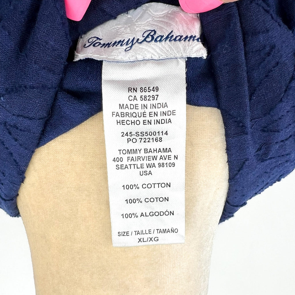 TOMMY BAHAMA Jacquard Boyfriend Cover Up Shirt XL Mare Navy Blue Cotton Clip NWT