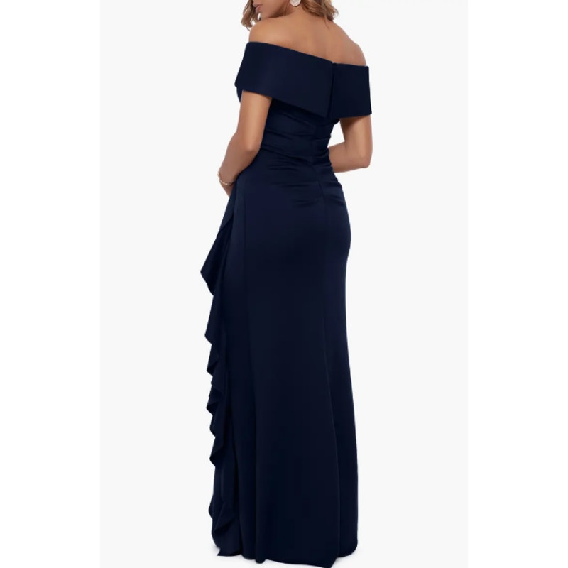XSCAPE Womens Ruffle Off the Shoulder Gown Size 16 Midnight Blue Scuba 4581X NWT