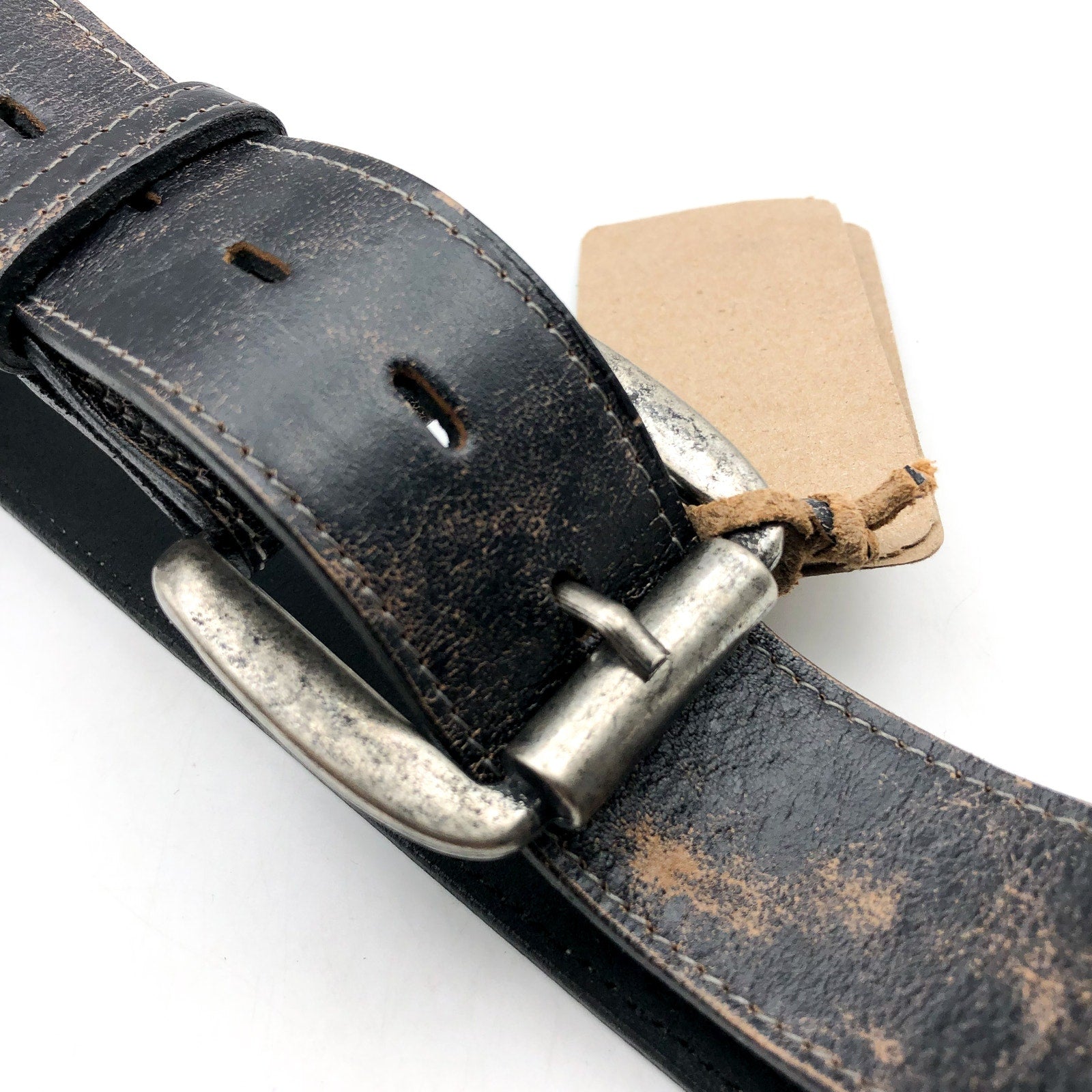 BED STU Men's Distressed Leather Meander Belt Size 28 Black Lux Metal Buckle NWT