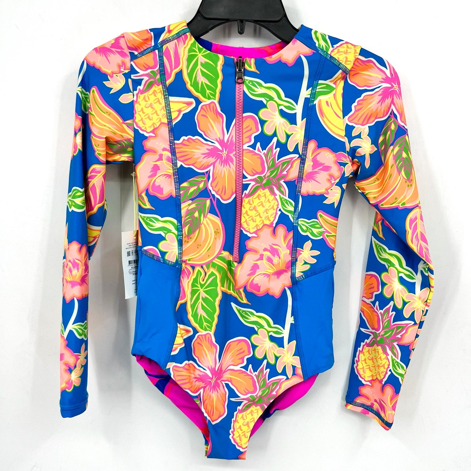 MAAJI Girl Miku One Piece Swimsuit Size 12 Blue Pink Fruit Punch Long Sleeve NWT