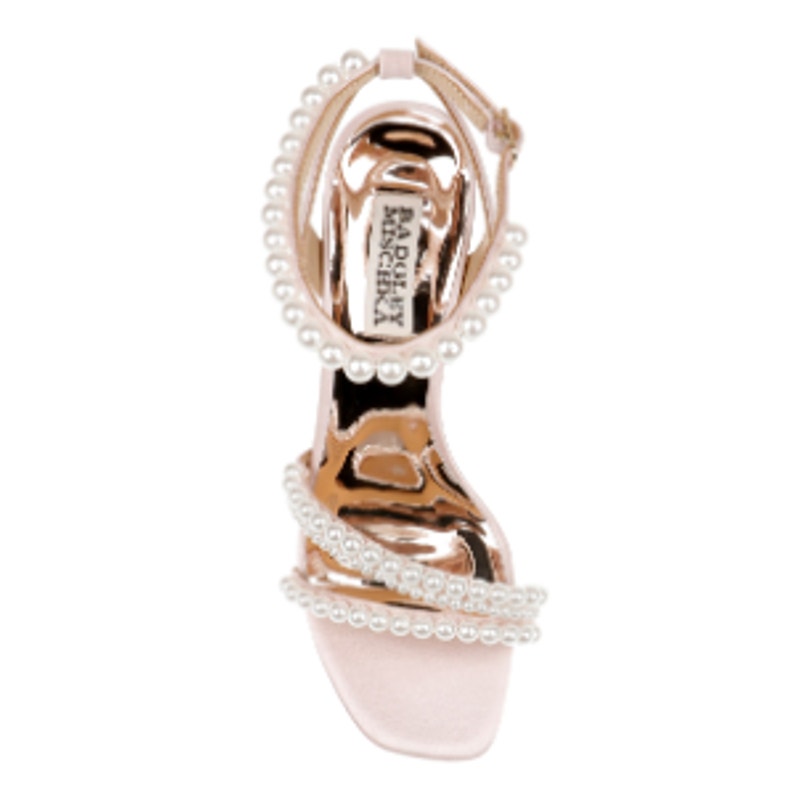 BADGLEY MISCHKA Women's Feisty Pearl Block Heel Dress Sandals 5 Soft Pink NIB
